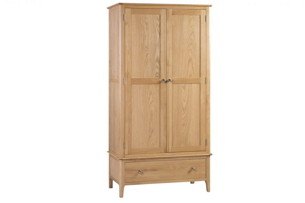 View Solid Natural Oak 2 Door 1 Drawer Combination Wardrobe Easy Glide Storage Drawer Full Hanging Space Silver Pull Handle Cotswold Bedroom Range information