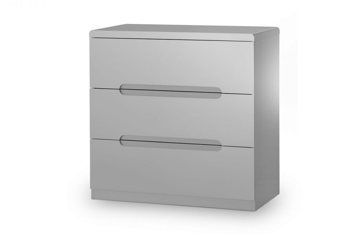 View Grey Modern Simplistic Wooden High Gloss 3 Drawer Wide Chest Of Drawers Sturdy Design With Rounded Corners Enclosed Handle Manhattan information