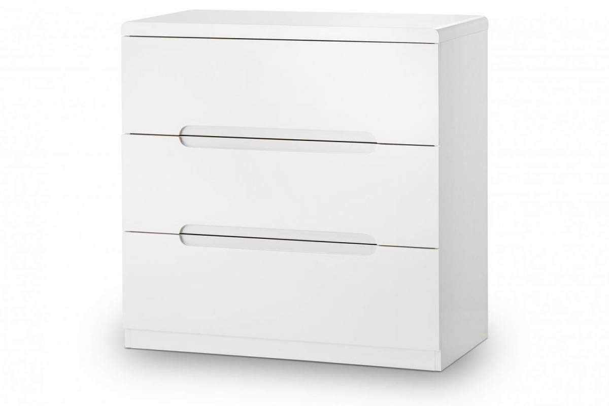 View White Modern Simplistic Wooden High Gloss 3 Drawer Wide Chest Of Drawers Sturdy Design With Rounded Corners Enclosed Handle Manhattan information