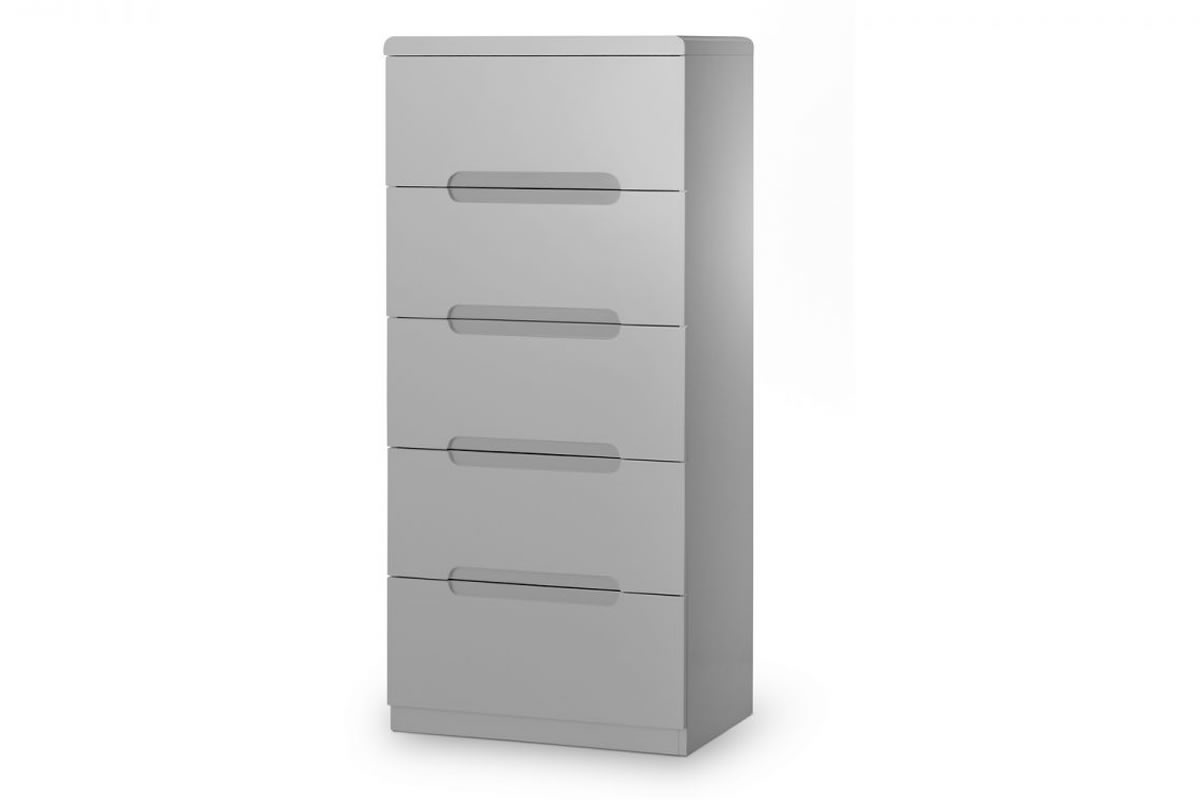 View Modern Grey High Gloss Finish 5 Drawer Tall Narrow Drawer Storage Chest Metal Easy Glide Soft Close Drawers Great Clothes Storage Manhattan information