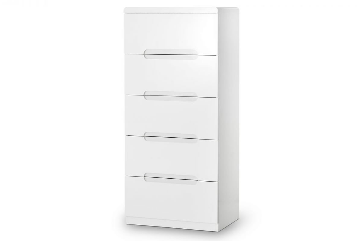 View Modern White High Gloss Finish 5 Drawer Tall Narrow Drawer Storage Chest Metal Easy Glide Soft Close Drawers Great Clothes Storage Manhattan information