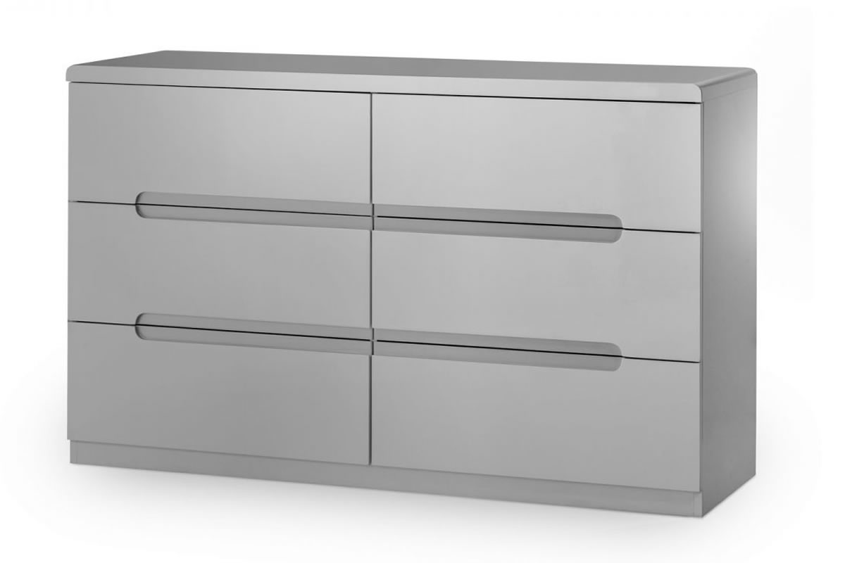 View Modern Grey High Gloss Finish 6 Drawer Wide Bedroom Drawer Storage Chest Metal Easy Glide Soft Close Drawers Great Clothes Storage Manhattan information