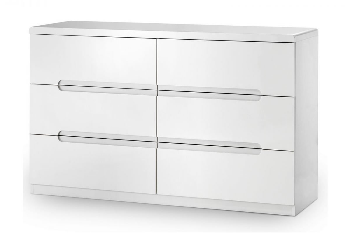 View Modern White High Gloss Finish 6 Drawer Bedroom Wide Drawer Storage Chest Metal Easy Glide Soft Close Drawers Great Clothes Storage Manhattan information