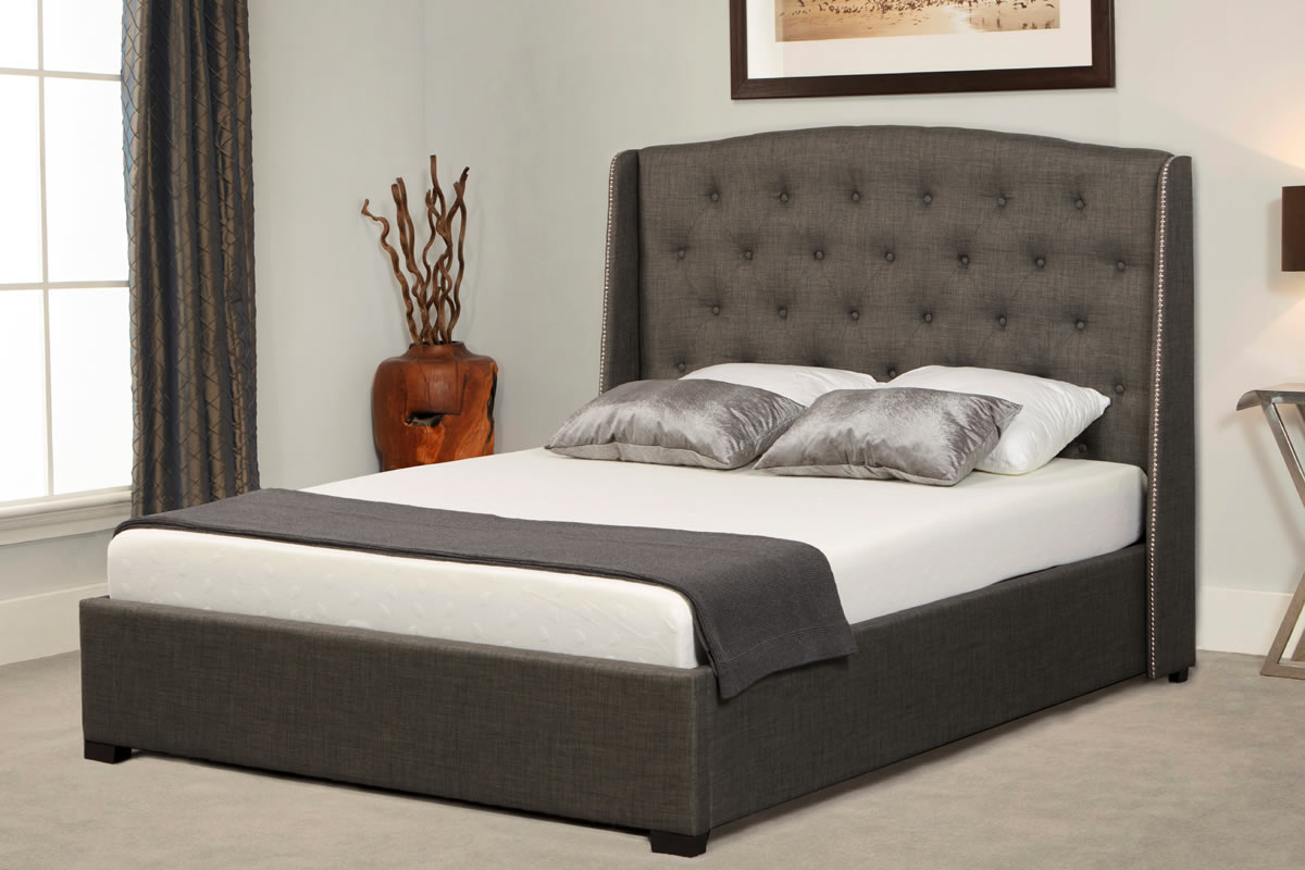 View Grey Fabric Ottoman Bed Frame Tall Buttoned Headboard Linen Fabric Mayfair information