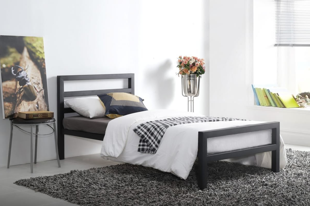 View 30 Single Black Metal Bed Frame Minimalistic Square Chunky Design Loft Apartment Student Bedstead Low Footend Sprung Slats City Block information