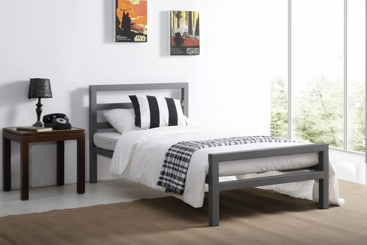 View 30 Single Grey Metal Bed Frame Minimalistic Square Chunky Design Loft Apartment Student Bedstead Low Footend Sprung Slats City Block information