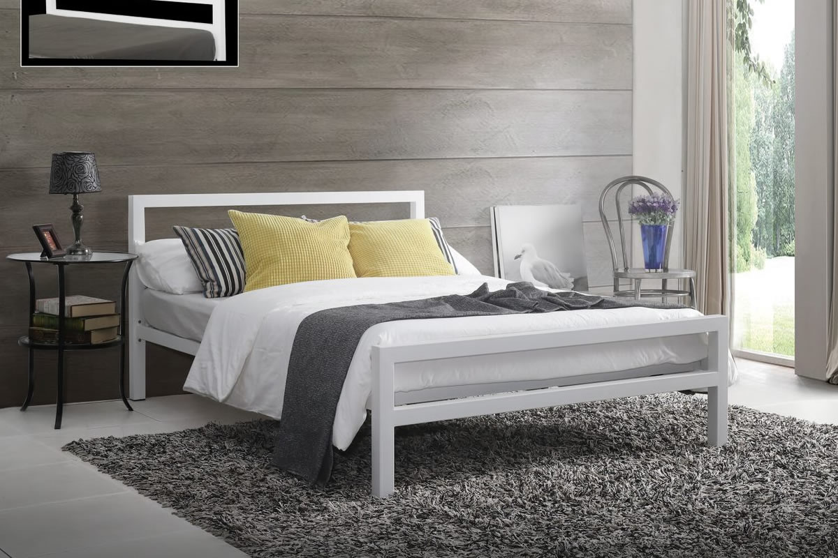 View 50 King White Metal Bed Frame Minimalistic Square Chunky Design Loft Apartment Student Bedstead Low Footend Sprung Slats City Block information