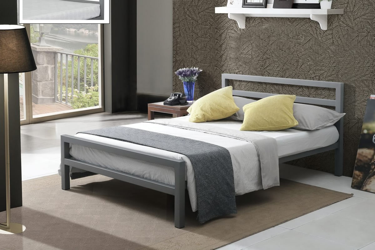 View 46 Double Grey Metal Bed Frame Minimalistic Square Chunky Design Loft Apartment Student Bedstead Low Footend Sprung Slats City Block information