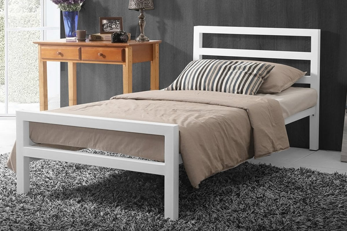 View 30 Single White Metal Bed Frame Minimalistic Square Chunky Design Loft Apartment Student Bedstead Low Footend Sprung Slats City Block information