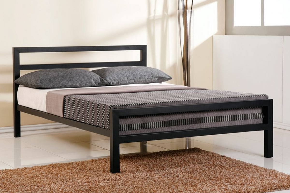 View 46 Double Black Metal Bed Frame Minimalistic Square Chunky Design Loft Apartment Student Bedstead Low Footend Sprung Slats City Block information