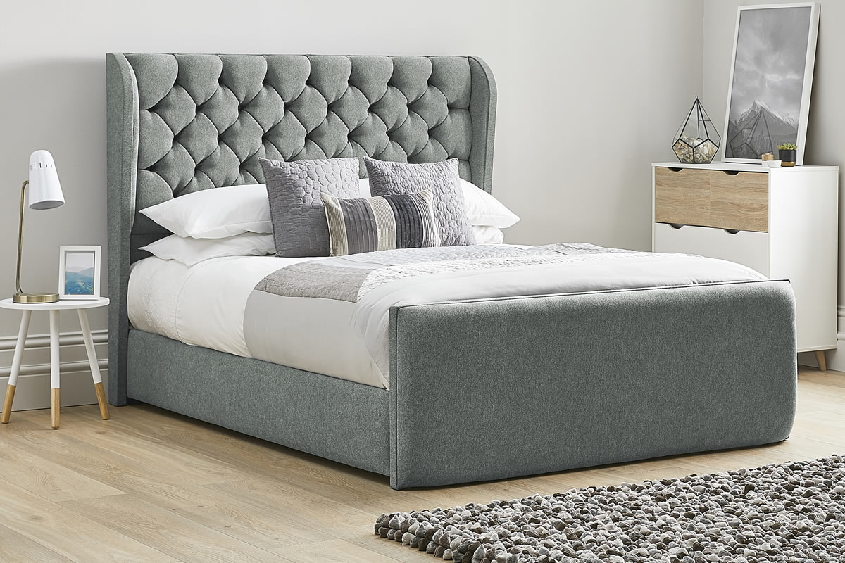 View Grey Fabric Bed Frame Tall Deeply Padded Plush Headboard Heavy Duty 60 Super King Size Bed Frame High Foot End Aster information