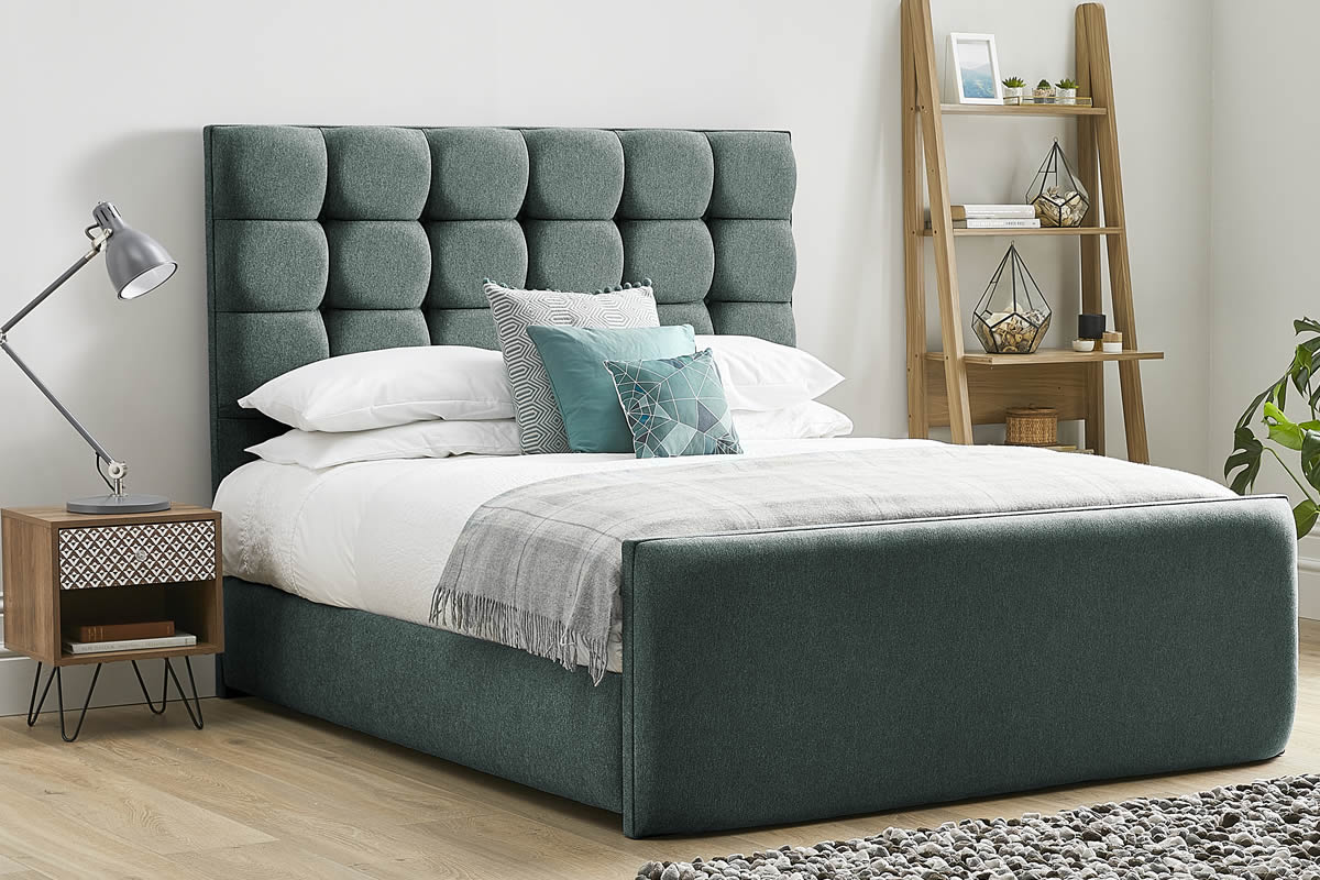 View Aqua Fabric Bed Frame Tall Deeply Padded Buttoned Headboard Modern High Foot End Heavy Duty 50 King Bed Honesty information