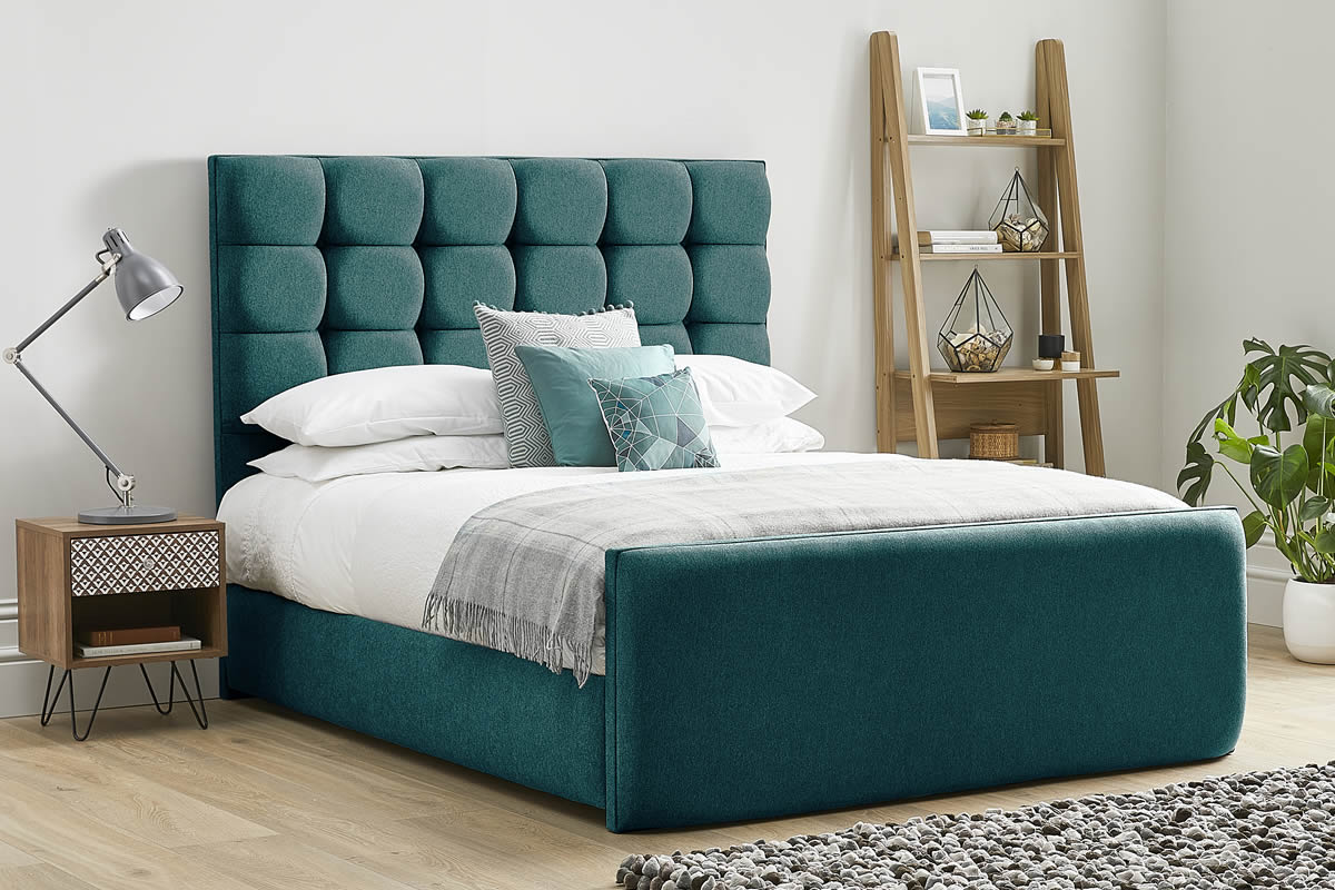 View Green Fabric Bed Frame Tall Deeply Padded Buttoned Headboard Modern High Foot End Heavy Duty 50 King Bed Honesty information