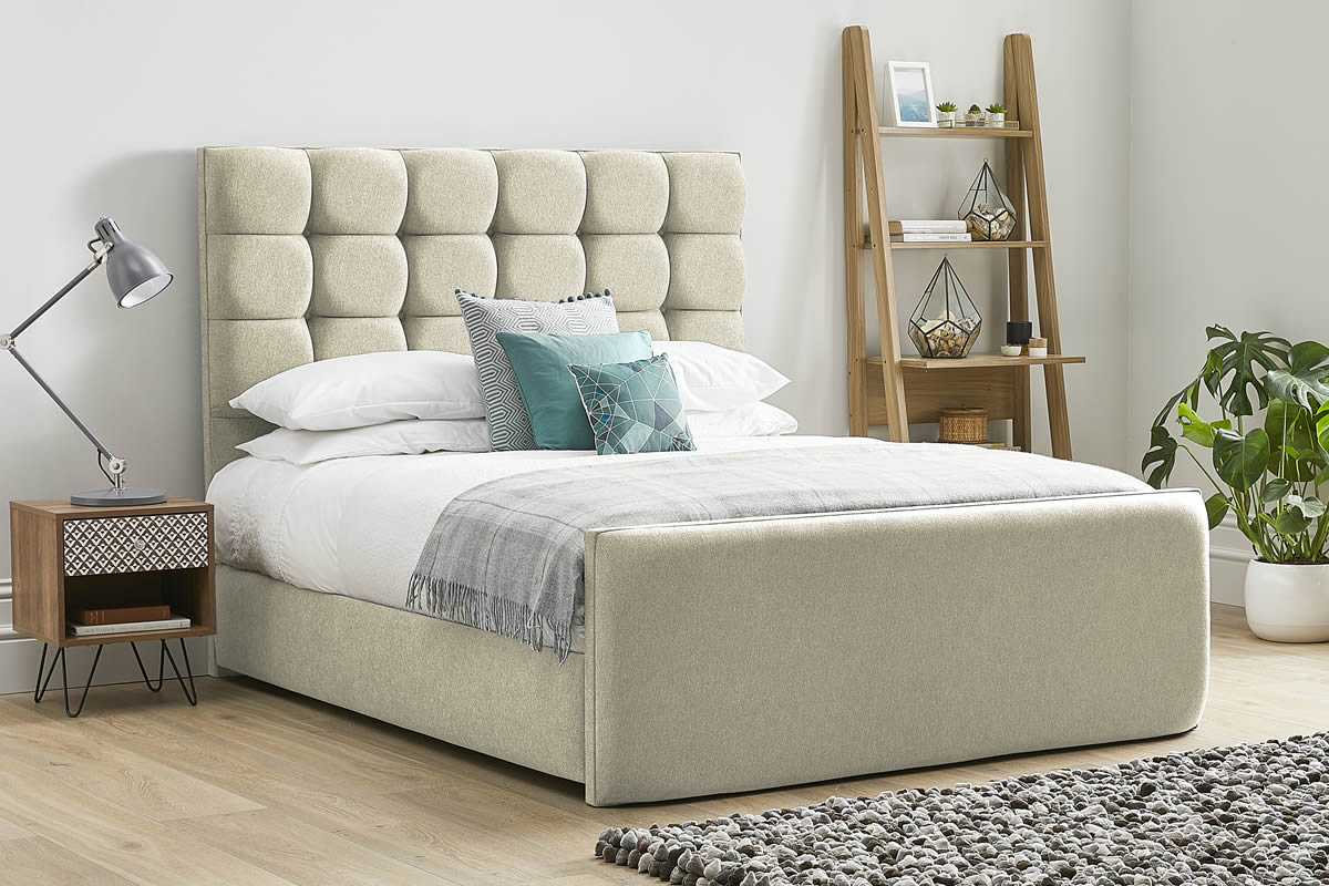 View Oatmeal Fabric Bed Frame Tall Deeply Padded Buttoned Headboard Modern High Foot End Heavy Duty 46 Double Bed Honesty information