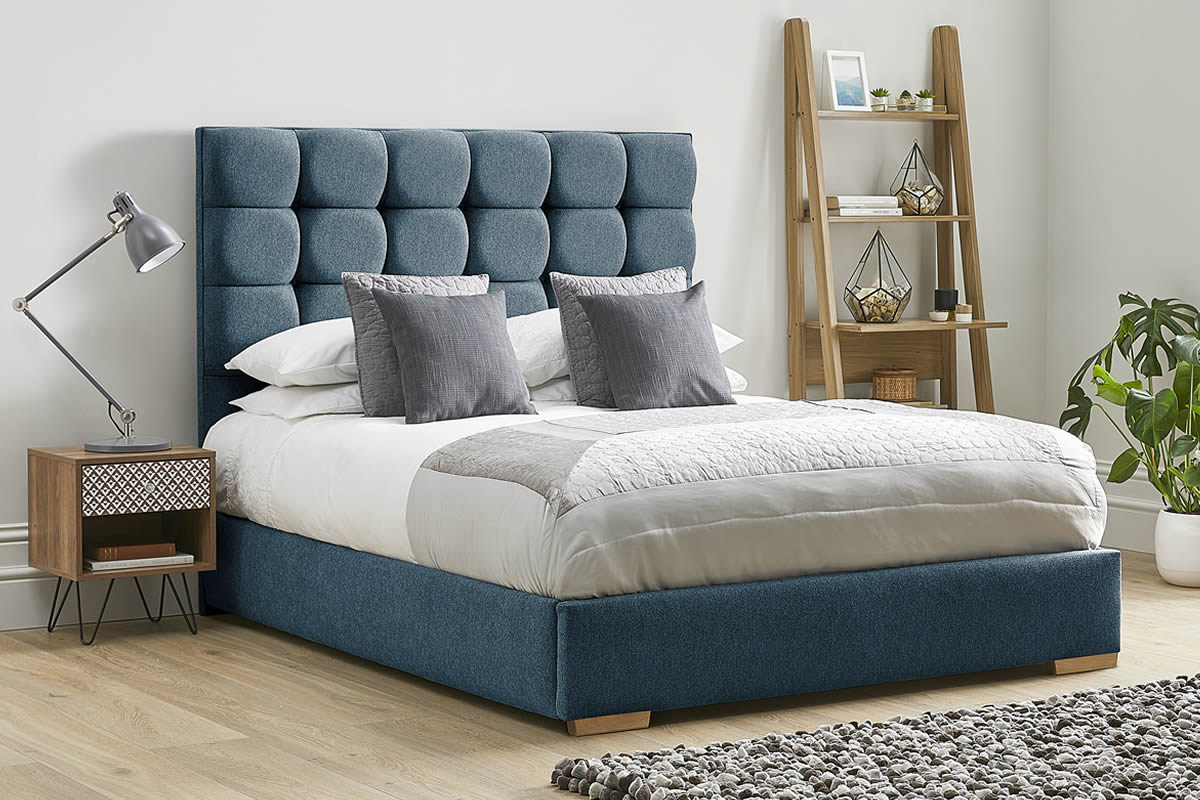 View Blue Fabric Bed Frame Tall Deeply Padded Buttoned Headboard Modern Low Foot End Heavy Duty 60 Super King Bed Honesty information