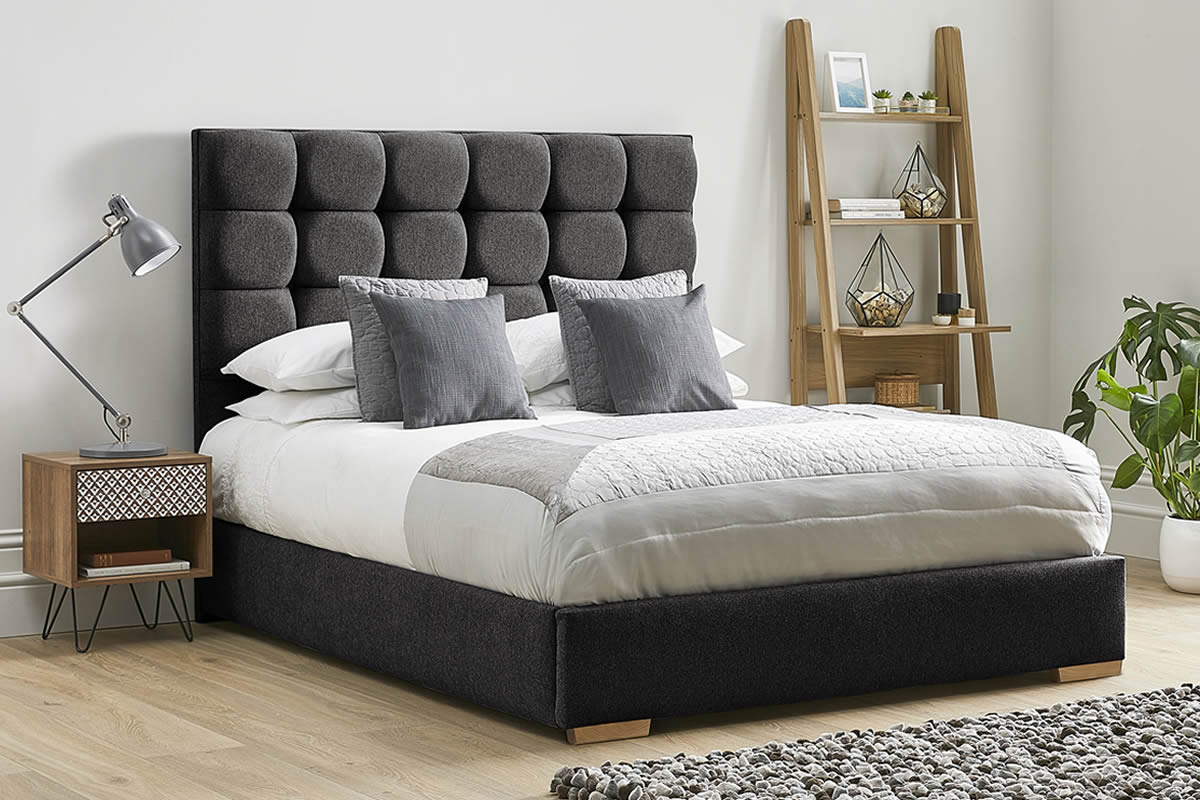 View Black Fabric Bed Frame Tall Deeply Padded Buttoned Headboard Modern Low Foot End Heavy Duty 46 Double Bed Honesty information
