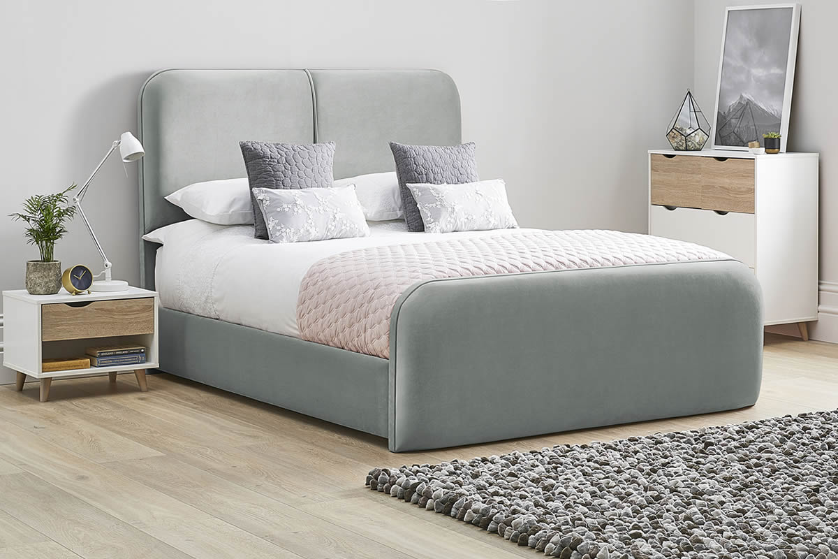 View Light Grey Fabric Bed Frame Tall Deeply Padded Arched Headboard Modern High Foot End Heavy Duty 50 King Bed Daisy information