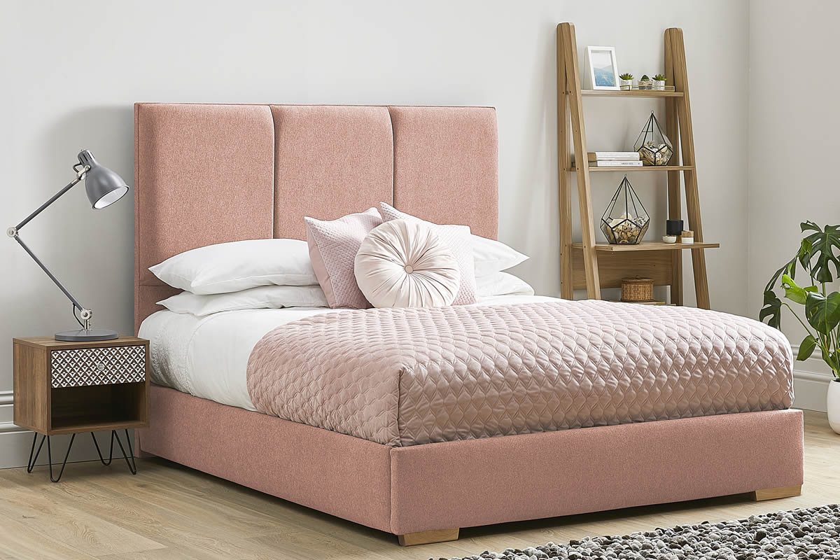 View Pink Fabric Bed Frame Modern Low Foot End Heavy Duty 50 King Size Bed Tall Three Column Deeply Padded Headboard Aspen information