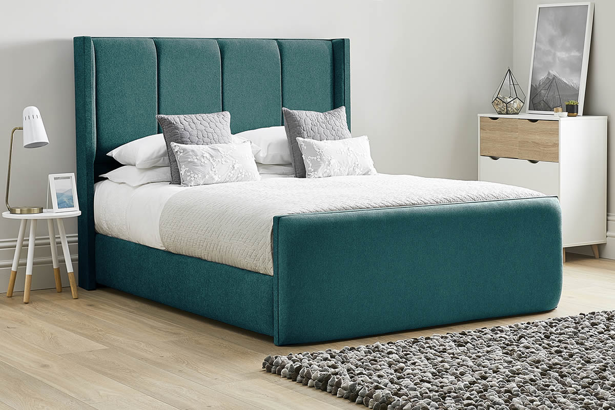 View Mallard Green Fabric Bed Frame Winged Headboard Modern High Foot End Heavy Duty 60 Super King Bed Tall Four Column Deeply Padded Headboard  information