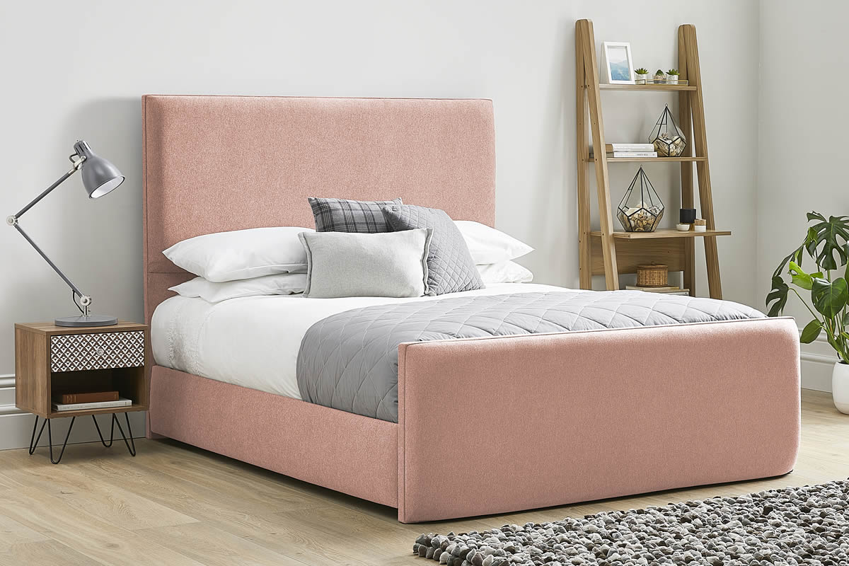 View Pink Fabric Bed Frame Modern High Foot End Heavy Duty 50 King Bed Tall Deeply Padded Headboard Kornelia information