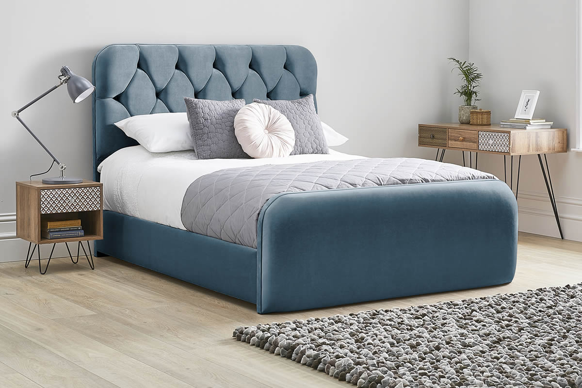 View Marine Blue Fabric Bed Frame Rounded Deeply Padded Plush Buttoned Headboard Heavy Duty 46 Double Bed High Foot End Lilly information