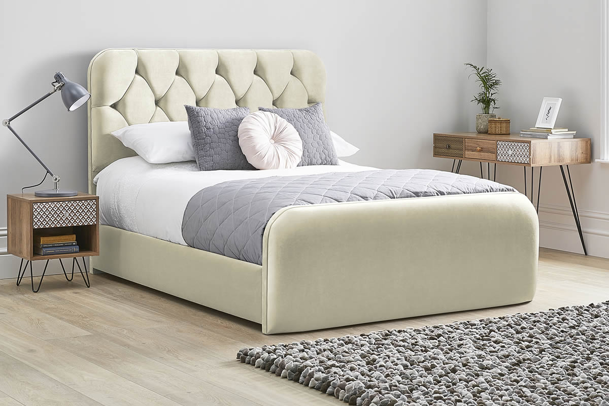 View Oatmeal Fabric Bed Frame Rounded Deeply Padded Plush Buttoned Headboard Heavy Duty 50 King Bed High Foot End Lilly information