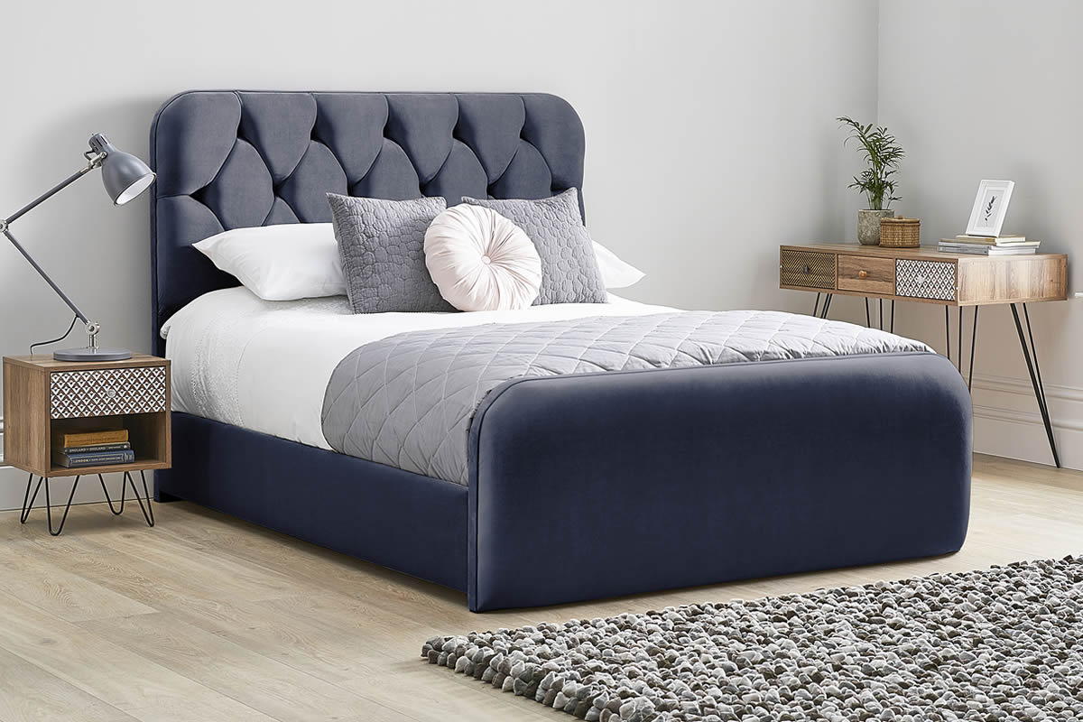 View Sapphire Blue Fabric Bed Frame Rounded Deeply Padded Plush Buttoned Headboard Heavy Duty 50 King Bed High Foot End Lilly information