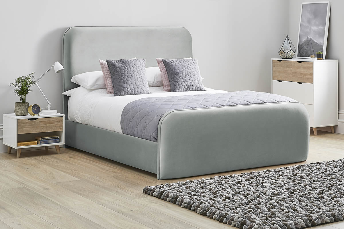 View Light Grey Fabric Bed Frame Rounded Deeply Padded Plush Tall Headboard Heavy Duty 60 Super King Bed High Foot End Primrose information