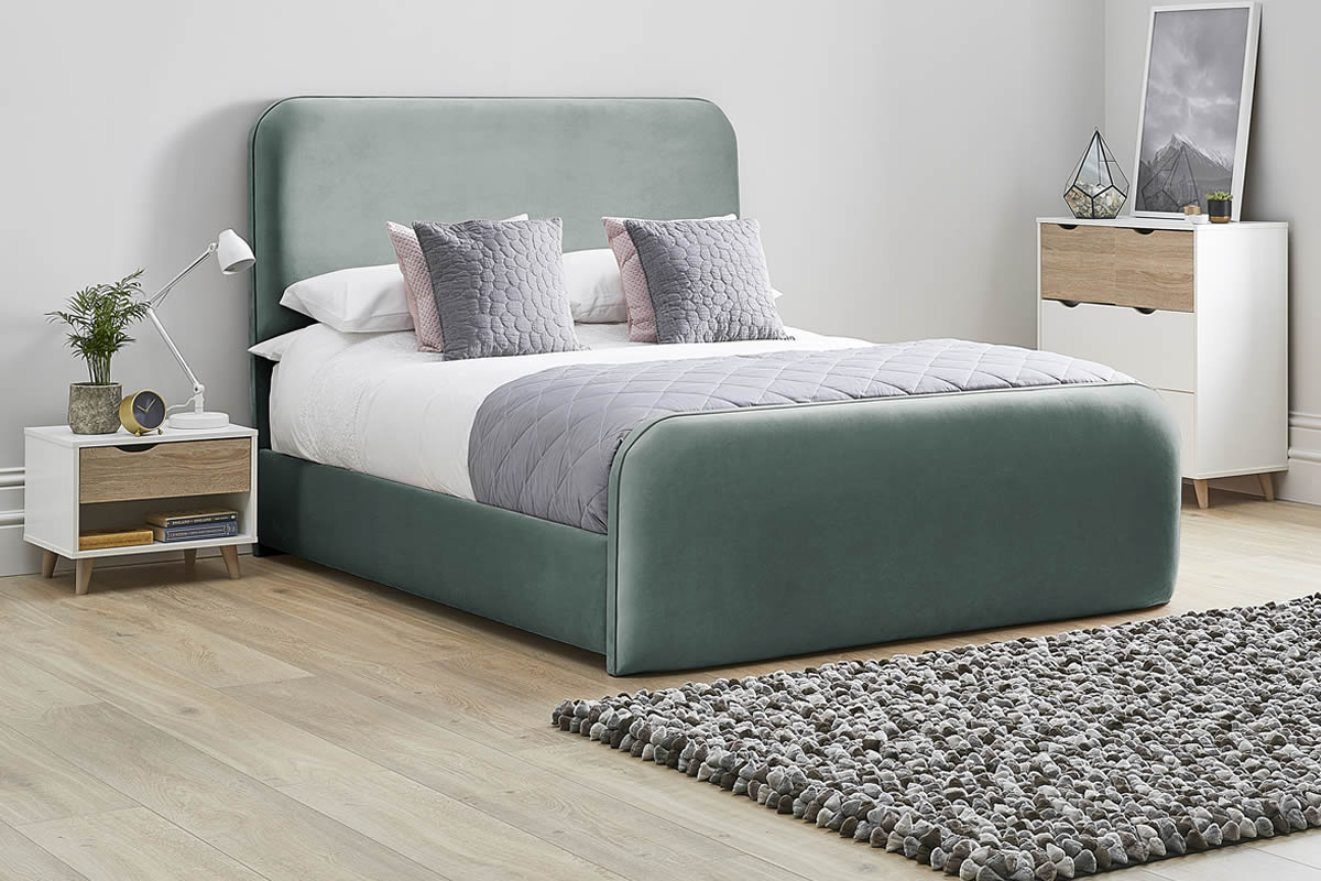 View Duck Egg Blue Fabric Bed Frame Rounded Deeply Padded Plush Tall Headboard Heavy Duty 46 Double Bed High Foot End Primrose information