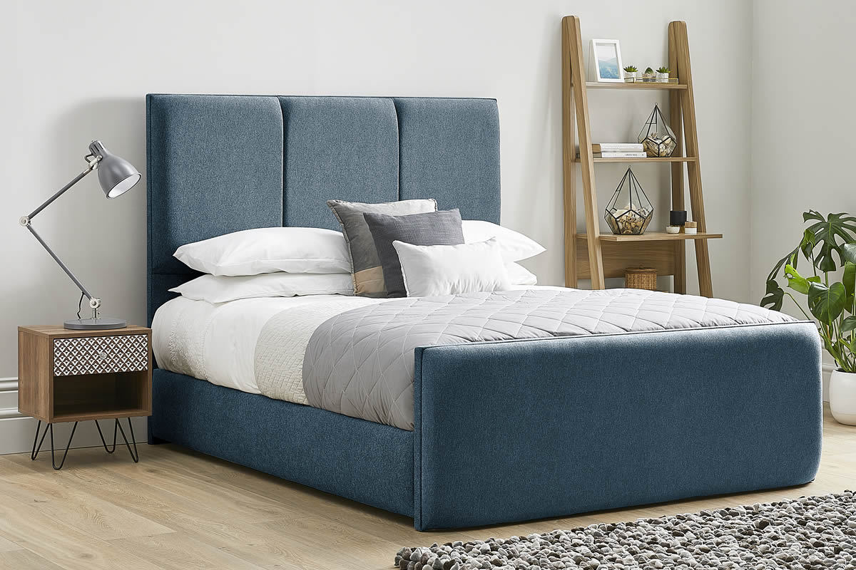 View Light Blue Fabric Double Bed Frame Tall Three Column Padded Headboard Aspen information