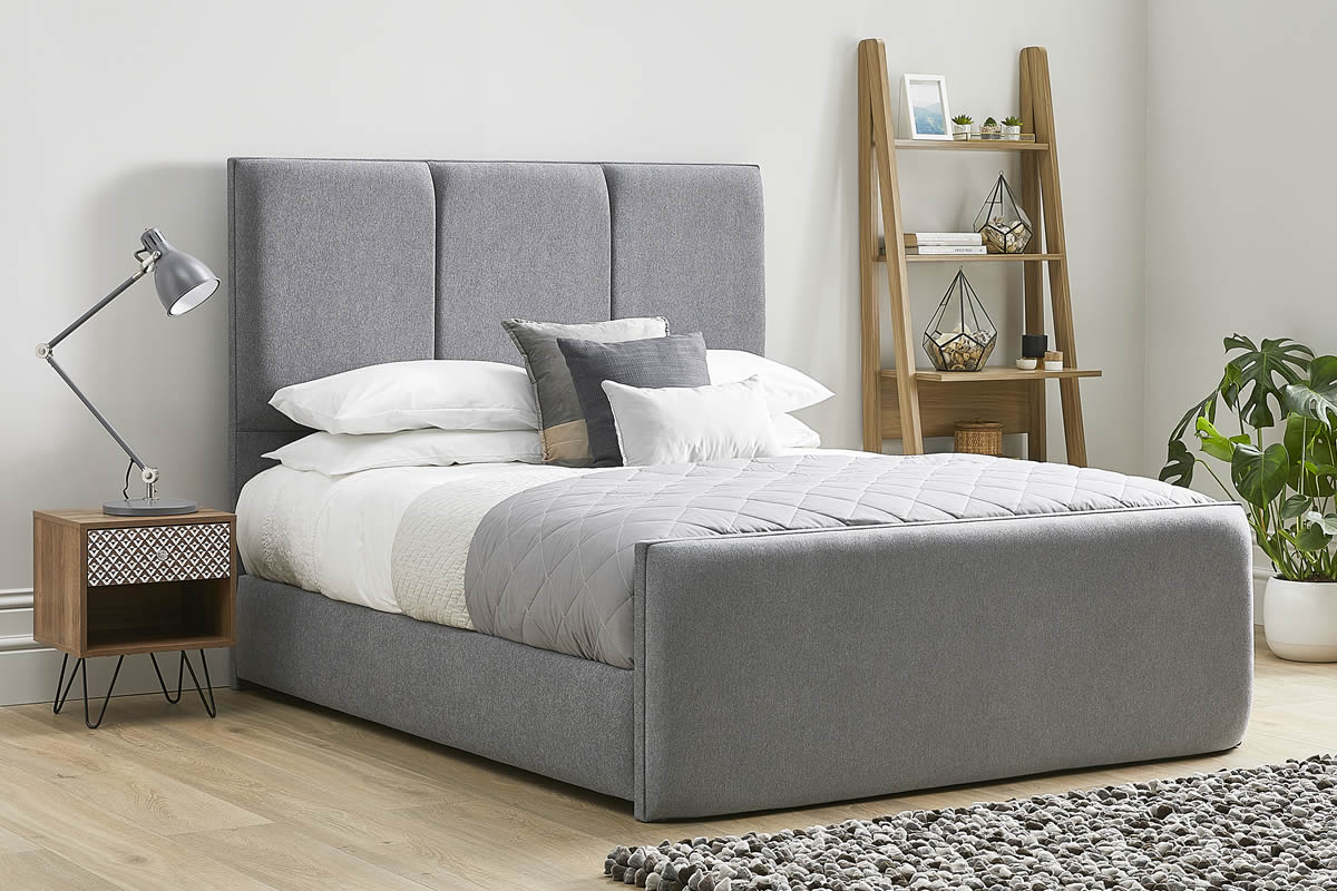 View Grey Fabric Bed Frame Modern High Foot End Heavy Duty 46 Double Bed Tall Three Column Deeply Padded Headboard Aspen information