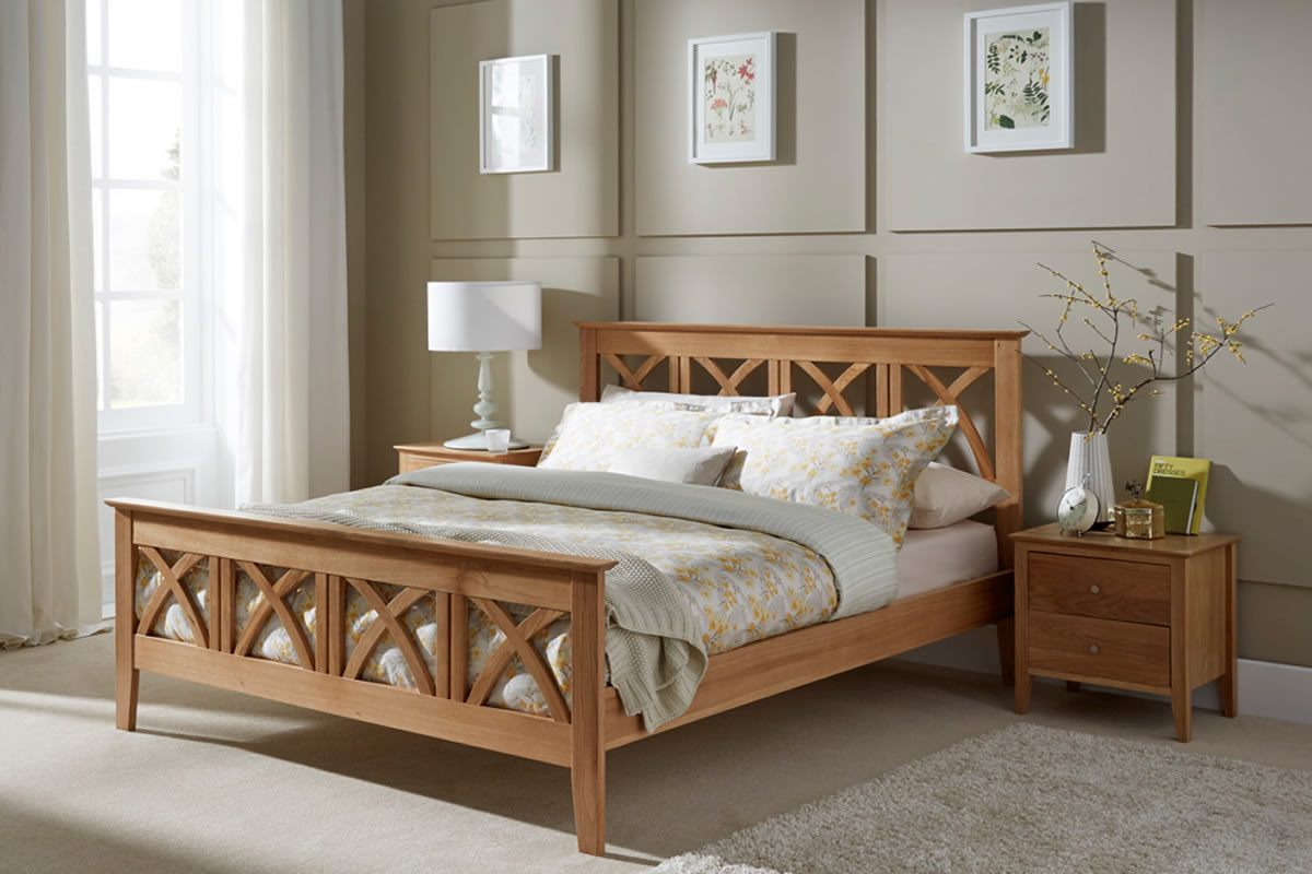 View 60 Super King Solid Oak Shaker Bedframe High Footend Sprung Slatted Bed Base Gothic Arched Inset Panels Centre Leg Support Maiden information