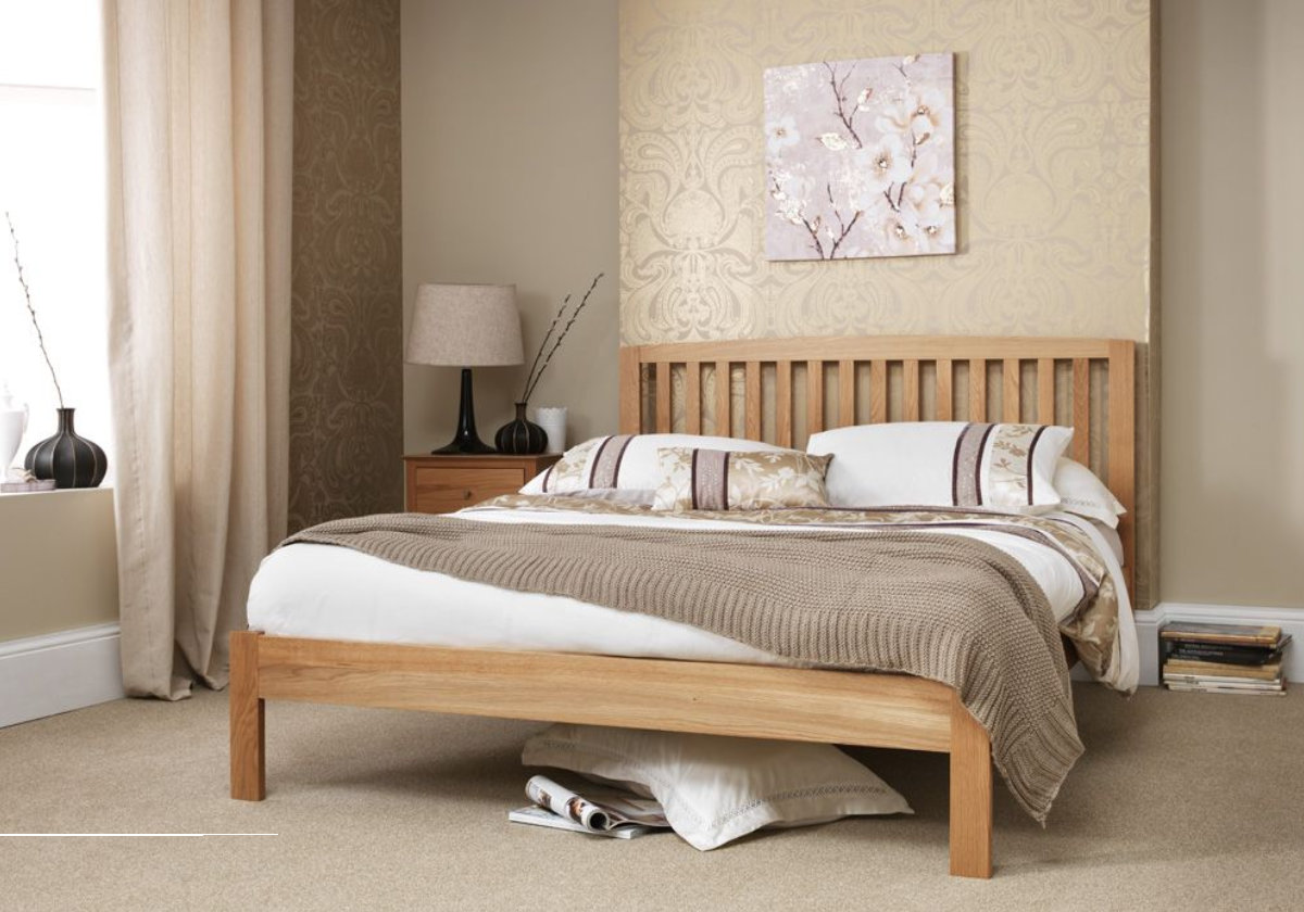 View 46 Double Solid Oak Bed Frame Tall Vertical Slatted Design Headboard Stylish Low Foot End Strong Slatted Bed Base Thornton information