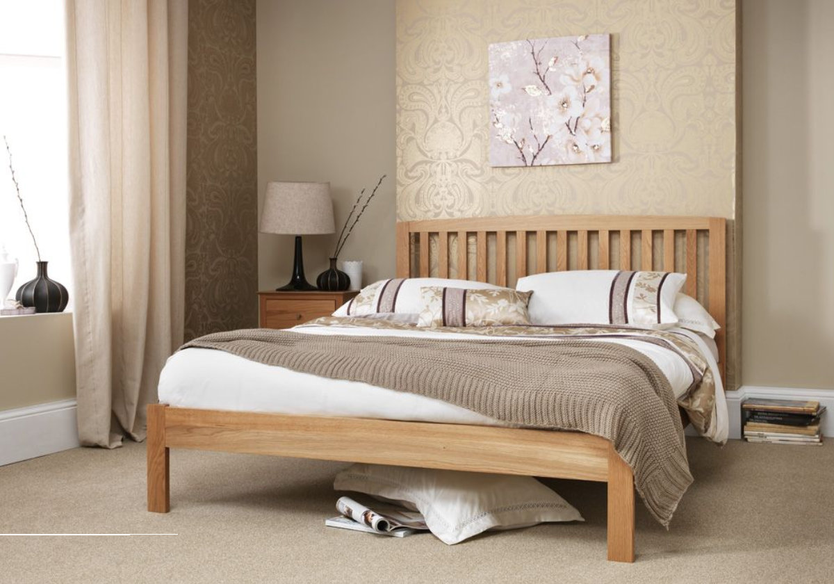 View 60 Super King Solid Oak Bed Frame Tall Vertical Slatted Design Headboard Stylish Low Foot End Strong Slatted Bed Base Thornton information