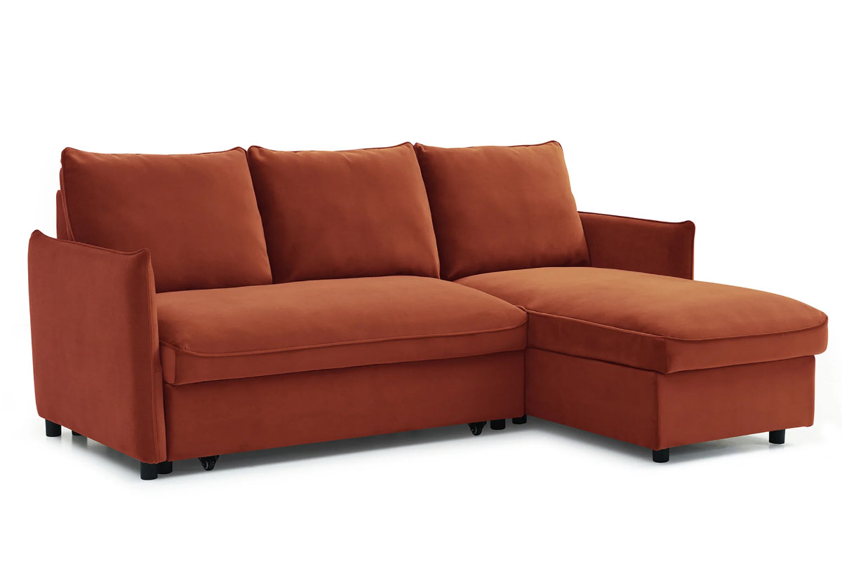 View Blaire Burnt Orange Velvet Fabric Corner 3Seater Sofa Bed Including Ottoman Storage Can Be Left Or Right Handed Double Bed Settee Quick Delivery information
