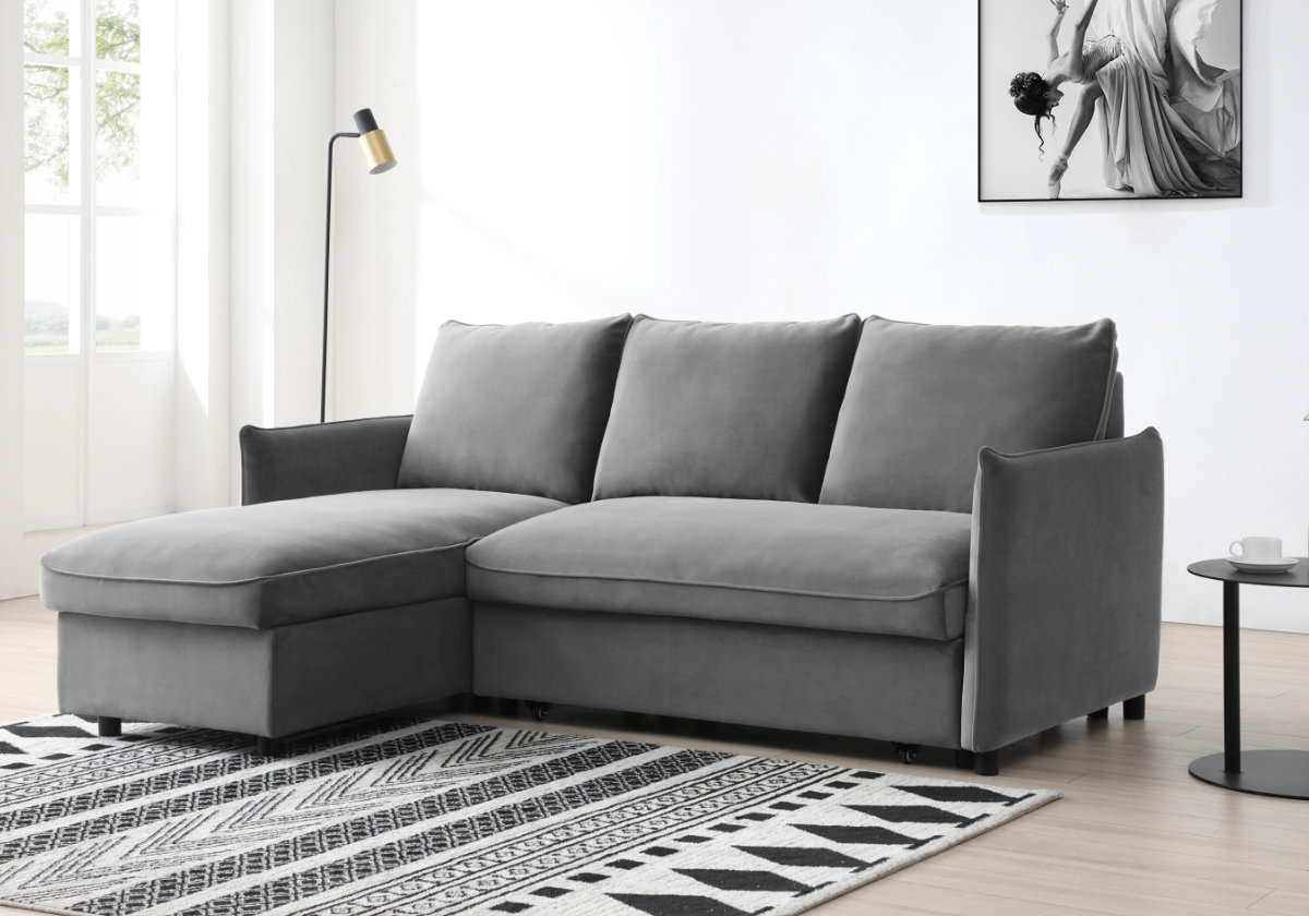 View Blaire Grey Velvet Fabric Corner 3Seater Sofa Bed Including Ottoman Storage Can Be Left Or Right Handed Double Bed Settee Quick Delivery information