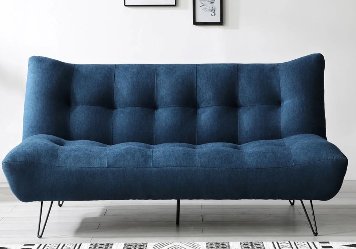 View Lux Blue Linen Fabric 3 Seater Sofa Bed Converts Into Double Bed Deeply Padded Seat Back Modern Style Futon Sleep Over Bed Quick Delivery information