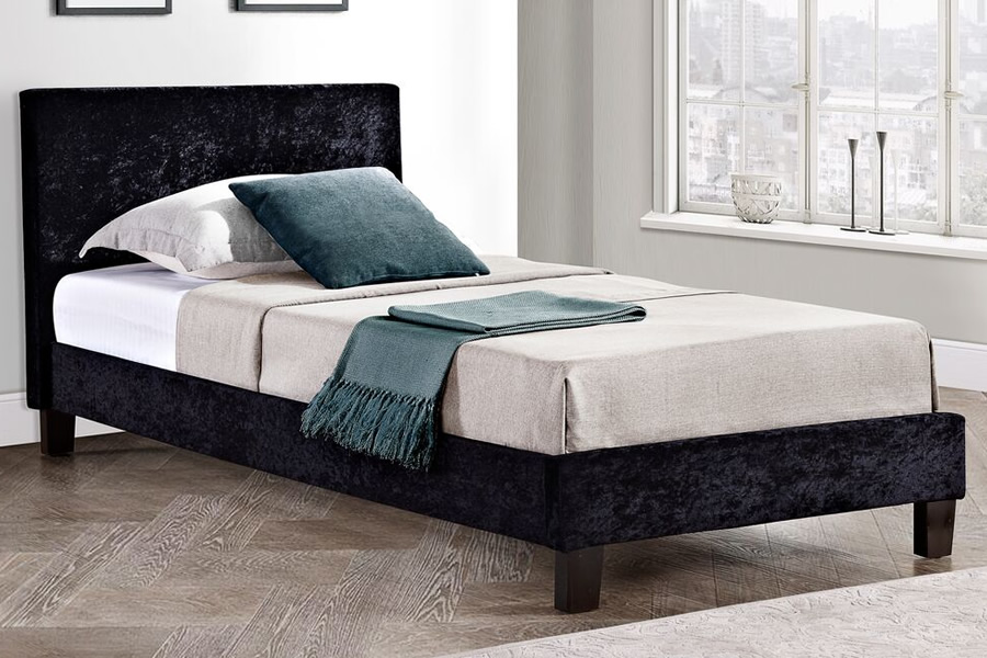 View Single 30 Black Crushed Velvet Ottoman Storage Bed Frame End Opening Hydraulic Gas Piston Lift Plain Rectangular Headboard Slatted Bed Base information