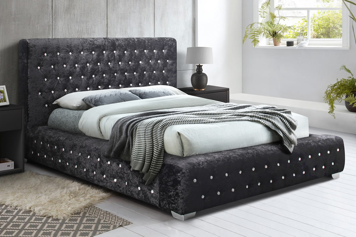 View Black Super King Crushed Velvet Bed Frame With Button Headboard Grande information