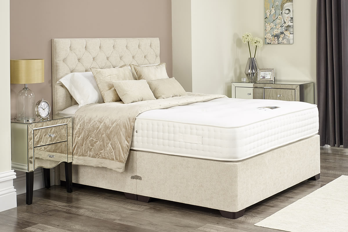 View Riley 40 x 63 Small Double Oatmeal Divan Set With Headboard Reinforced Platform Top Base 26 Tall Headboard 2000 Pocket Sprung Mattress information