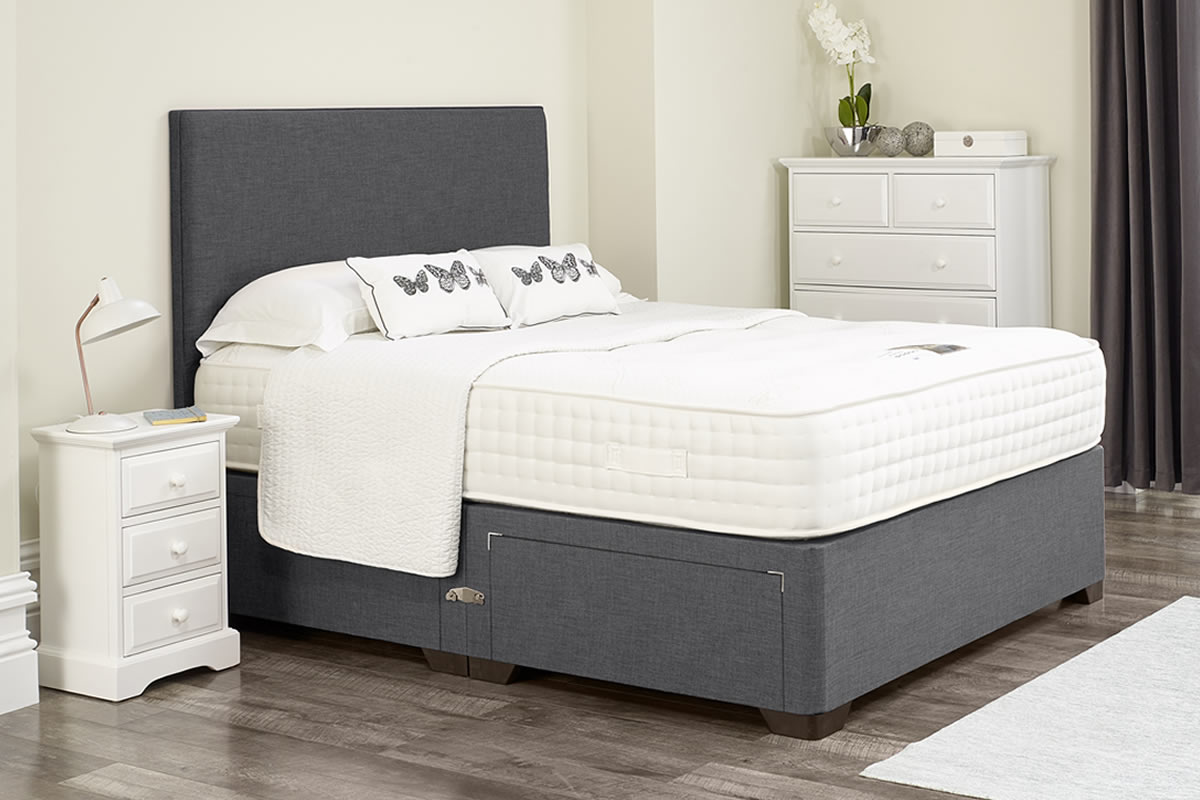 View Adina Dark Grey Divan Bed Set Including Deeply Padded Headboard Available in Single Double King Super King Various Drawer Storage Options information