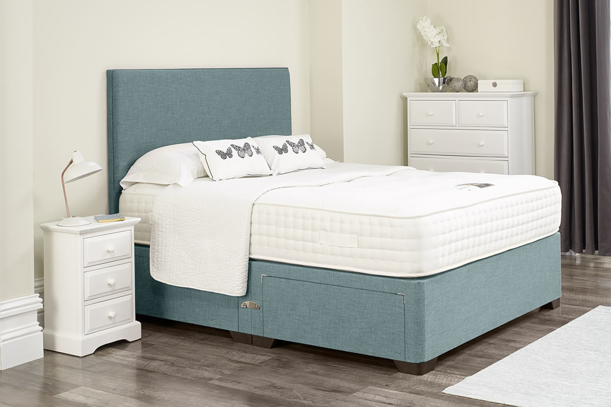 View Adina Duckegg Blue Divan Bed Set Including Deeply Padded Headboard Available in Single Double King Super King Various Drawer Storage Options information