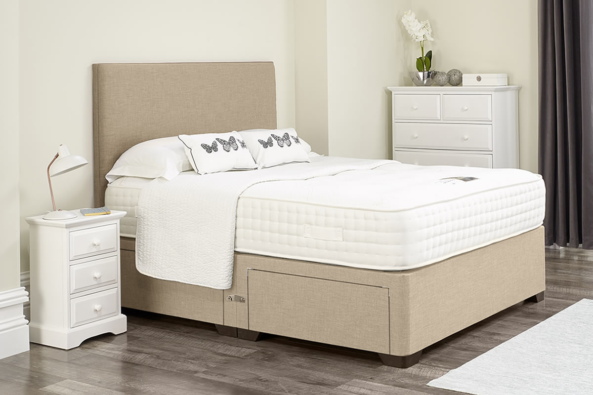 View Adina Cream Oatmeal Divan Bed Set Including Deeply Padded Headboard Available in Single Double King Super King Various Drawer Storage Options information