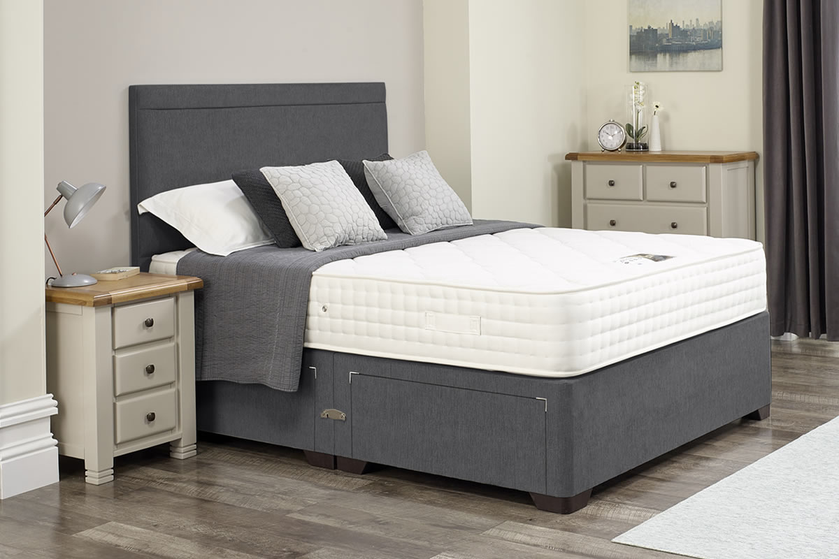View Arianna Dark Grey Divan Bed Set Including Deeply Padded Headboard Available in Single Double King Super King Various Drawer Storage Options information