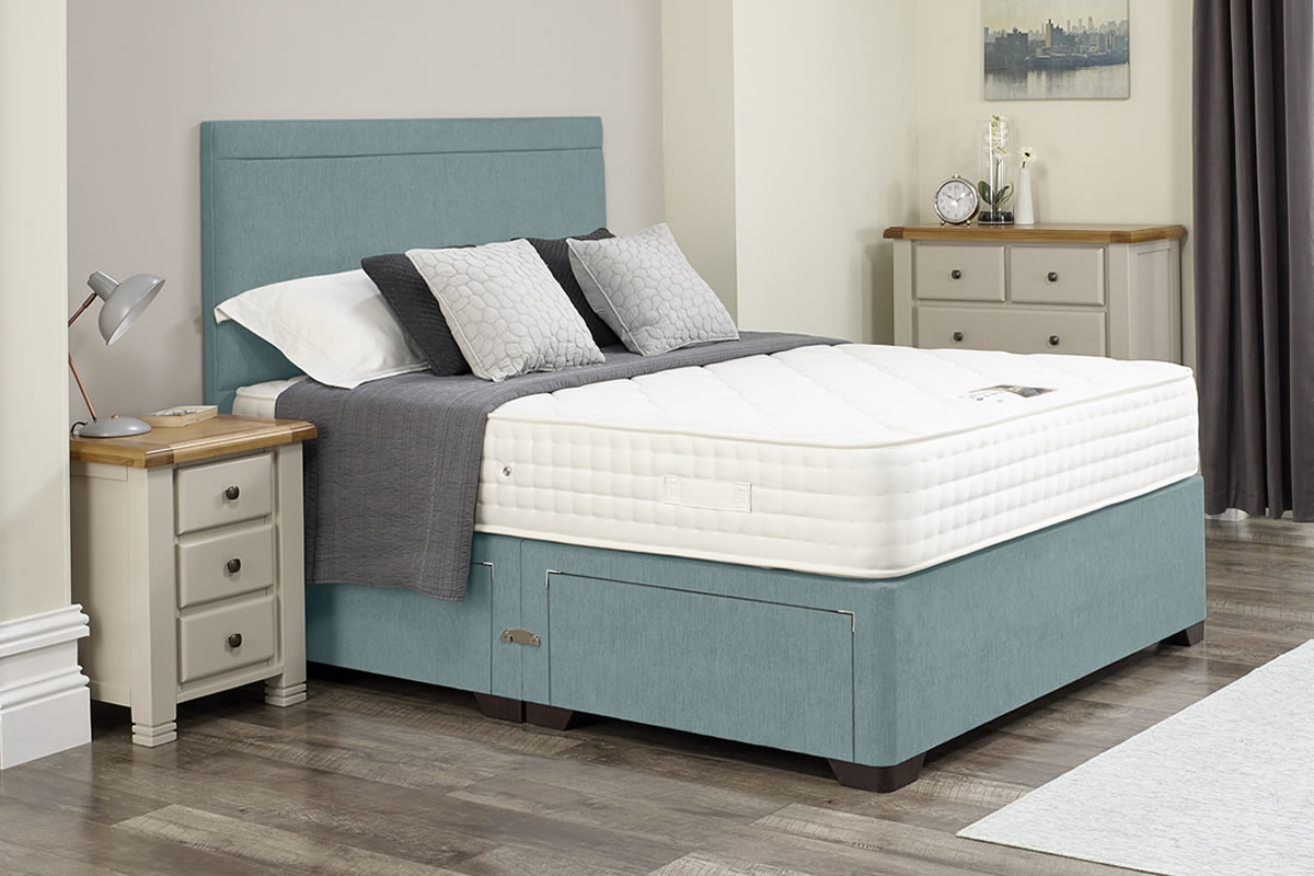 View Arianna Duckegg Blue Divan Bed Set Including Deeply Padded Headboard Available in Single Double King Super King Various Drawer Storage Options information