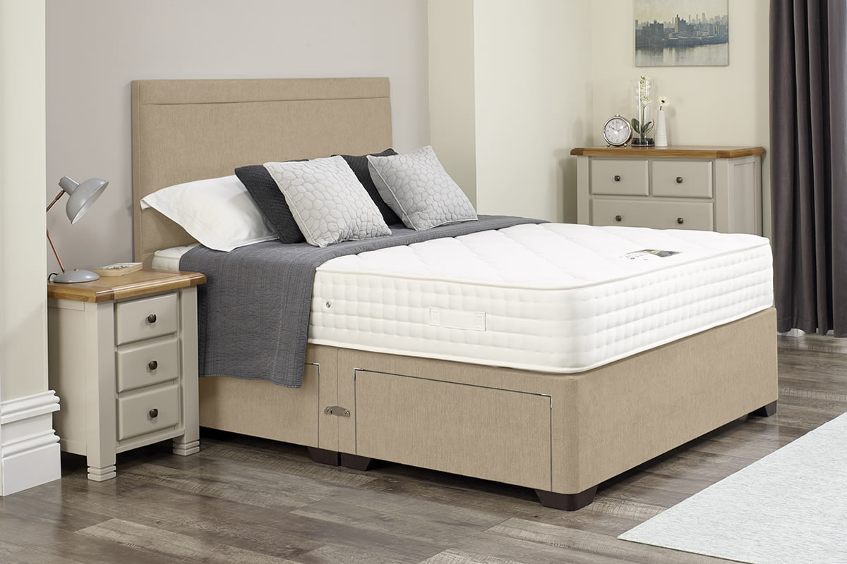 View Arianna Oatmeal Divan Bed Set Including Deeply Padded Headboard Available in Single Double King Super King Various Drawer Storage Options information