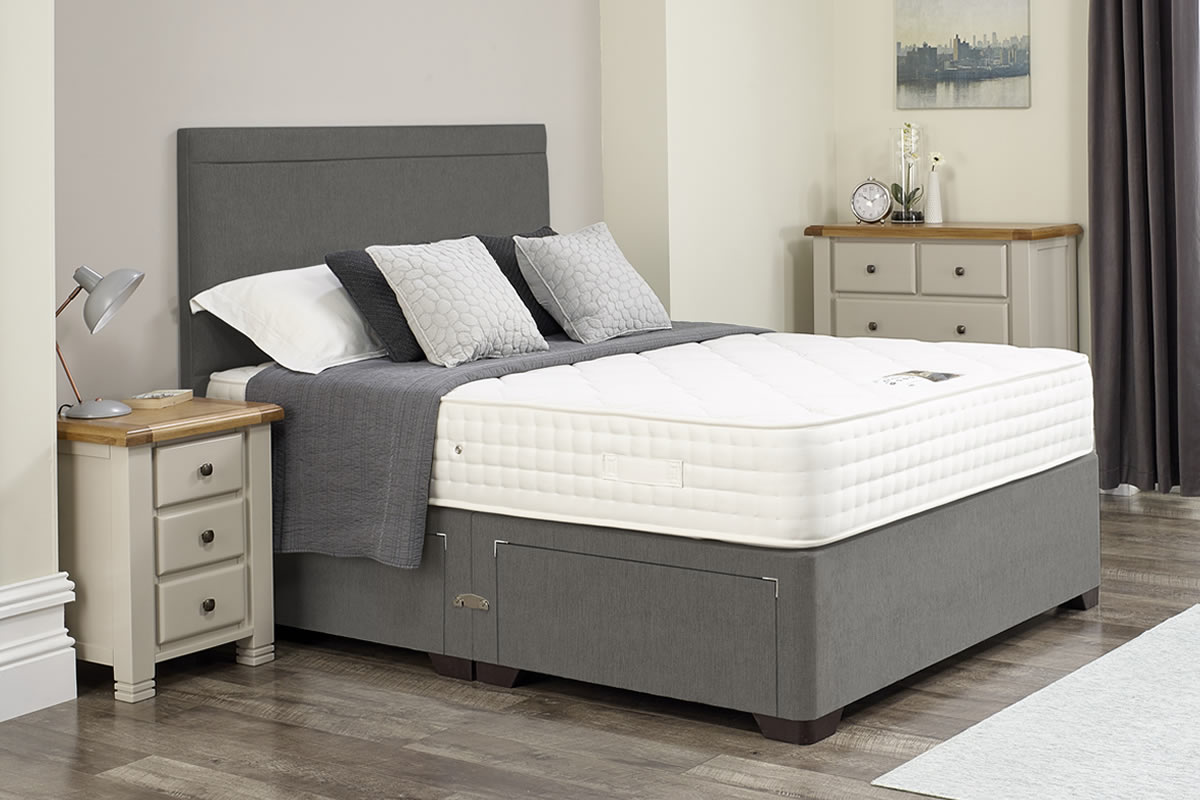 View Arianna Light Grey Divan Bed Set Including Deeply Padded Headboard Available in Single Double King Super King Various Drawer Storage Options information
