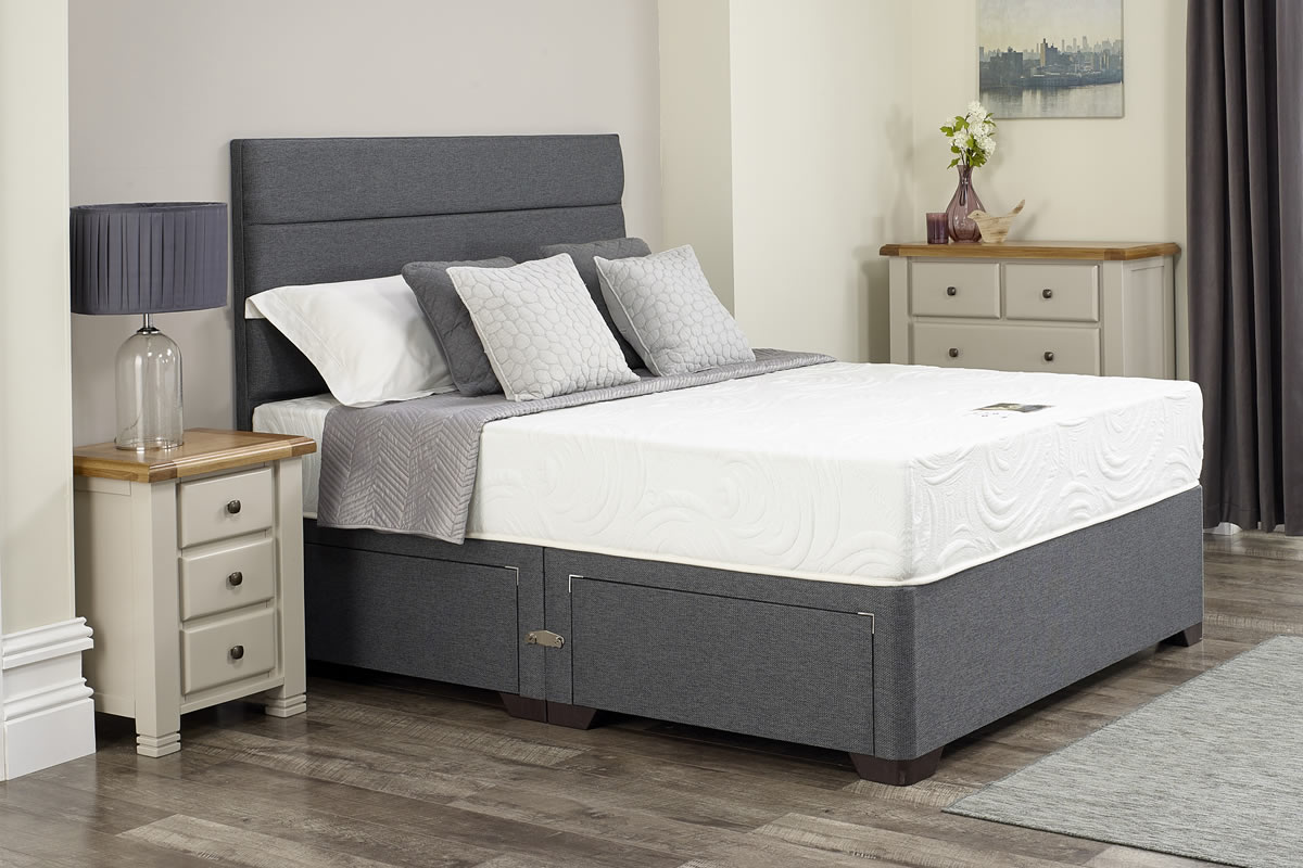 View Bella Dark Grey Divan Bed Set Including Deeply Padded Headboard Available in Single Double King Super King Various Drawer Storage Options information
