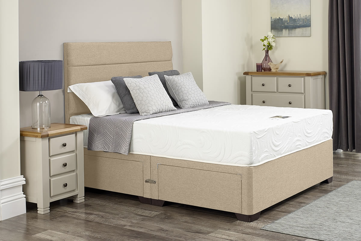 View Bella Cream Oatmeal Divan Bed Set Including Deeply Padded Headboard Available in Single Double King Super King Various Drawer Storage Options information