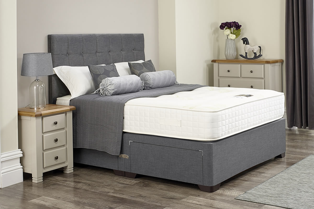 View Elizabeth Dark Grey Divan Bed Set Including Deeply Padded Headboard Available in Single Double King Super King Various Drawer Storage Options information